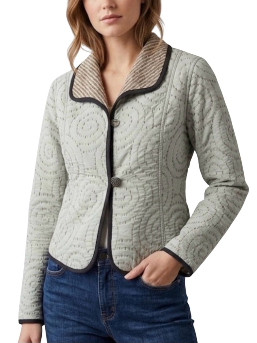 Women’s Boho Spiral Quilted Reversible Blazer Jacket Antique Button Small Blue